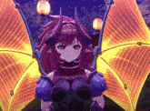 a purple and yellow anime character with a lantern in her hand
