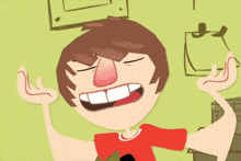 a cartoon drawing of a boy with his mouth open and the letter c on his shirt
