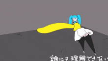 a cartoon drawing of a girl with blue hair and a yellow scarf around her neck