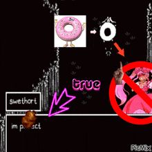 a picture of a donut with a face on it and the word true on it