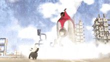a cartoon drawing of a rocket being launched with a few buildings in the background