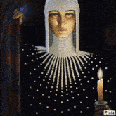 a painting of a woman with pearls and a candle with pixiz written in the corner
