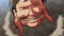 a cartoon of a man with a big smile on his face standing on a brick floor .
