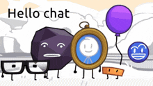 a group of cartoon characters standing next to each other with the words hello chat written above them