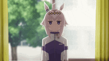 a cartoon character with a horse head is standing in front of a window .