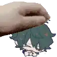 a hand is holding a cartoon character 's head in a pixel art style .