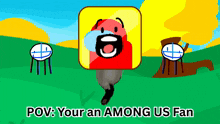 an among us fan poster with a cartoon character in the middle