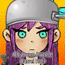 a cartoon of a girl with purple hair and green eyes with the words oh i won pvzdle barrel roll below her