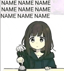 a cartoon girl is sitting at a table holding a bell and asking for her name .