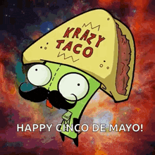 a cartoon character wearing a taco hat and a mustache says happy cinco de mayo .