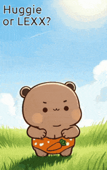 a cartoon bear is standing in the grass with the words huggies or lexx written on the bottom