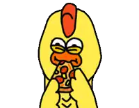a cartoon chicken eating a slice of pepperoni pizza