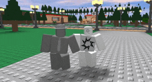 two roblox characters standing next to each other on a sidewalk