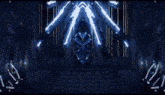 a dark room with a throne and a lot of lights on it