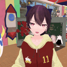a girl wearing a red hoodie with the number 11 on it