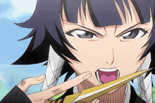 a close up of a cartoon character holding a sword in her mouth