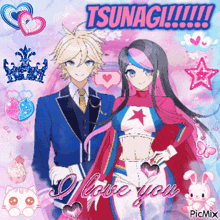 a couple of anime characters standing next to each other with the words " i love you " written on the bottom