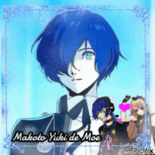 a picture of a boy with blue hair and the name makoto yuki de moe on the bottom