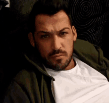 a man with a beard is wearing a green jacket and white shirt