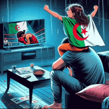 a little girl wearing an algerian flag is sitting on a man 's lap