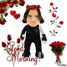 a picture of a stuffed character with the words good morning