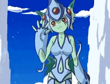 a cartoon drawing of a girl in a swimsuit with a blue sky in the background