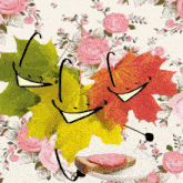 three leaves with faces are holding a plate with a piece of bread with sausage on it