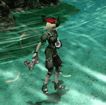 a video game character with a red hat is standing in the water