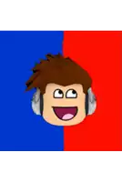 a cartoon character is wearing headphones and smiling on a blue and red background