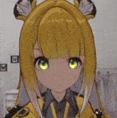 a girl with yellow hair and green eyes is standing in front of a wall with butterflies on it