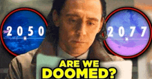 a man is sitting in front of a laptop computer and looking at two circles with the words `` are we doomed ? ''