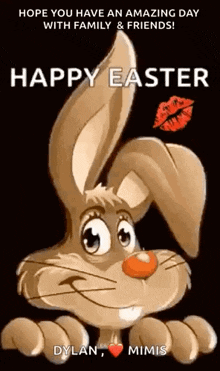 a happy easter greeting card with a cartoon bunny with a red kiss on its lips .