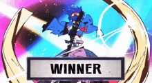 a winner sign with a picture of a person on it