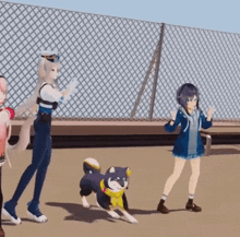 a group of anime girls are standing next to a dog in a video game .