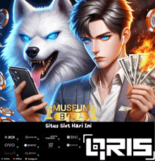 a man with blue eyes is holding a cell phone and a bunch of money