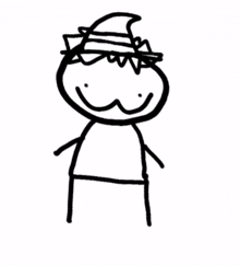 a black and white drawing of a stick figure with a hat and a smile on his face .