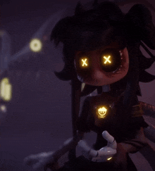 a cartoon character with glowing eyes and the letter x on her face