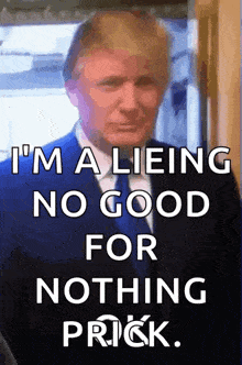 a picture of donald trump with a caption that says i 'm a lieing no good for nothing prick