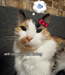 a calico cat with a hello kitty bow on its head and a thought bubble with a fish in it