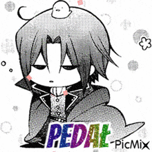 a black and white drawing of a boy with a bird on his head and the word pedal written in rainbow letters .