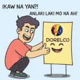 a cartoon of a man squatting down holding a sign that says dorelco