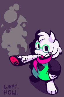 a cartoon of a sheep smoking a cigarette with the words " what how " on the bottom