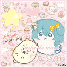a picture of a girl and a cat with the words good morning on it