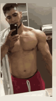 a shirtless man is taking a picture of himself in a mirror .