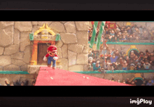 a video game character named mario is jumping over a cliff in front of a crowd of people ..