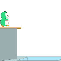 a green and white penguin is standing on a ledge overlooking a pool