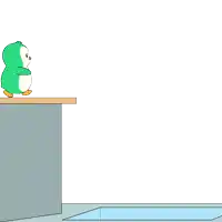 a green and white penguin is standing on a ledge overlooking a pool