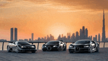 three sports cars are parked in front of a city skyline