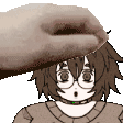 a pixel art of a person petting another person 's head with a hand .