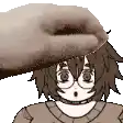 a pixel art of a person petting another person 's head with a hand .